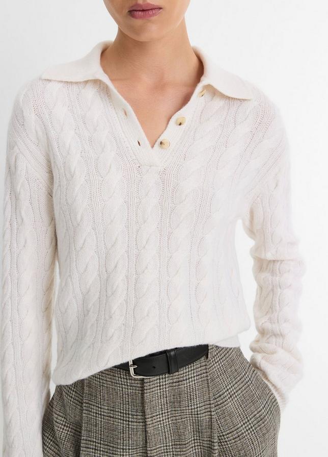 Vince Cable-Knit Wool-Blend Polo Sweater in Off White