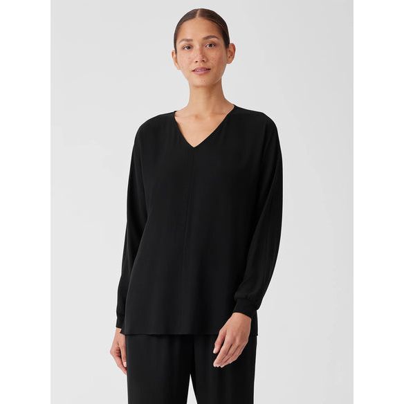 Eileen Fisher Silk Georgette Crepe Dolman Sleeve Top in Black