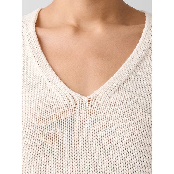 Eileen Fisher Peruvian Organic Cotton Cord Jersey V-Neck Top in Ecru