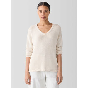 Eileen Fisher Peruvian Organic Cotton Cord Jersey V-Neck Top in Ecru