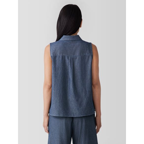 Eileen Fisher Airy Organic Cotton Twill Sleeveless Shirt in Denim