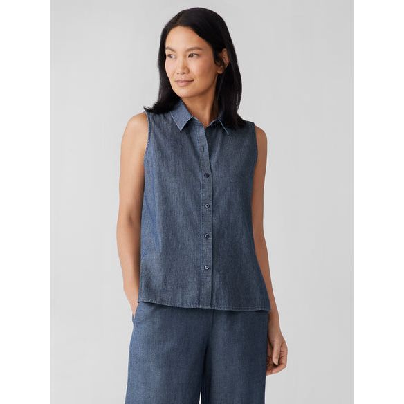 Eileen Fisher Airy Organic Cotton Twill Sleeveless Shirt in Denim