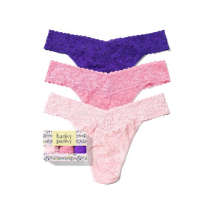 Hanky Panky 3 Pack Signature Lace Original Rise Thongs In Printed Box Lipgloss