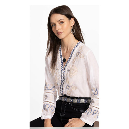 Johnny Was Button Front Lisbon Blouse in White