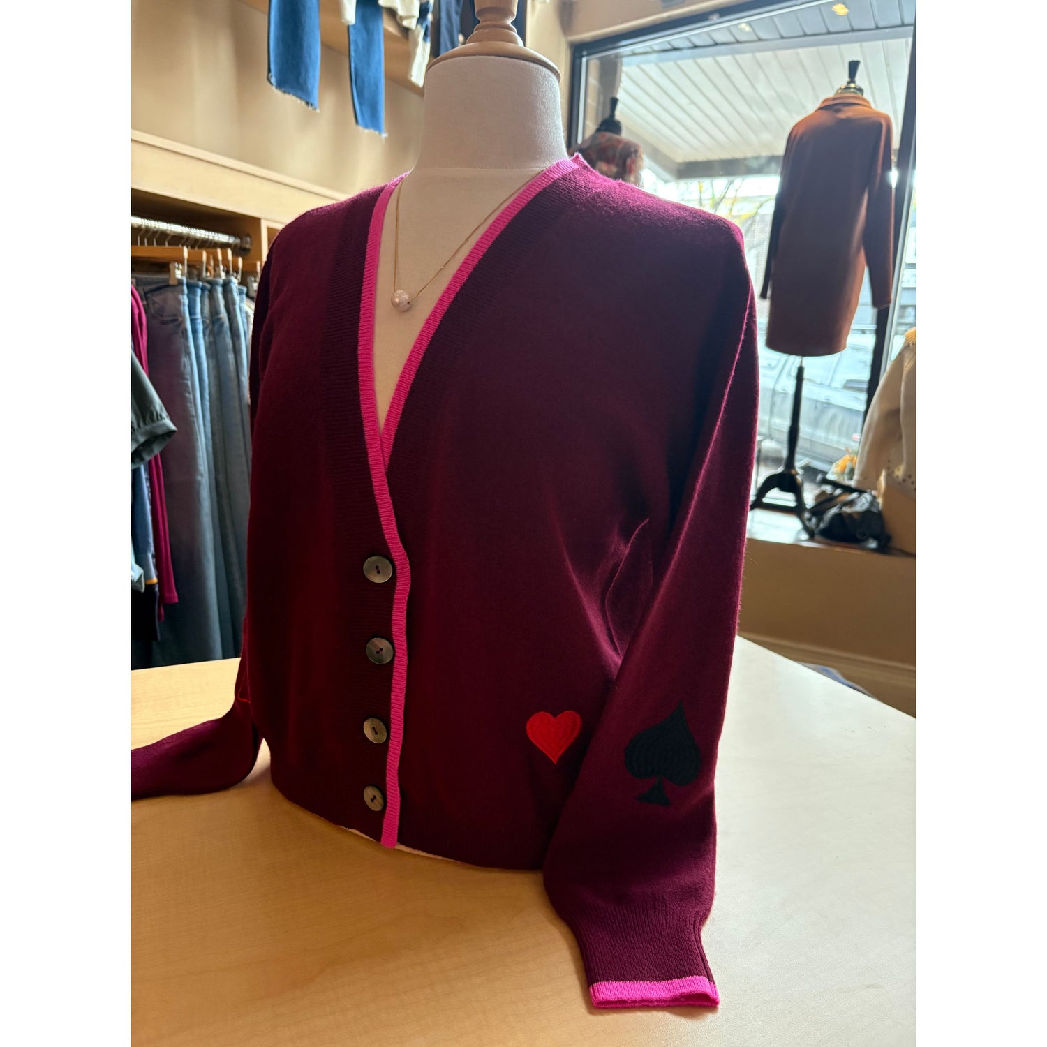 Brodie 100% Cashmere Queen of Hearts Cardi in Cherry