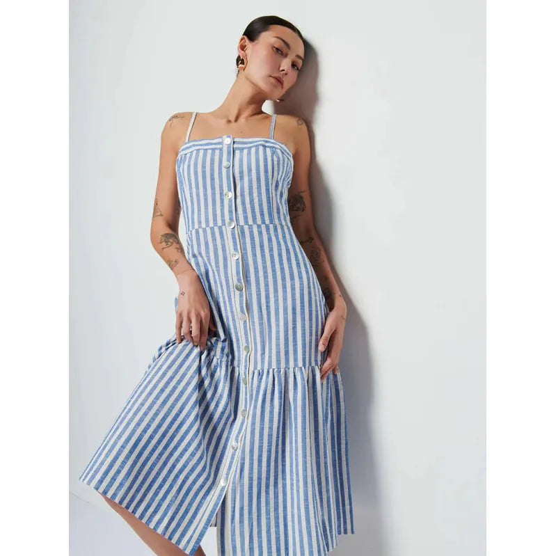 Nation Luciana Stripe Single Tier Dress in Parisian Blue Stripe