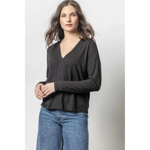 Lilla P Drop Shoulder V  Neck in Black