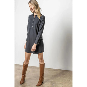 Lilla P Lomg Sleeve Seamed Shirt Dress in Black