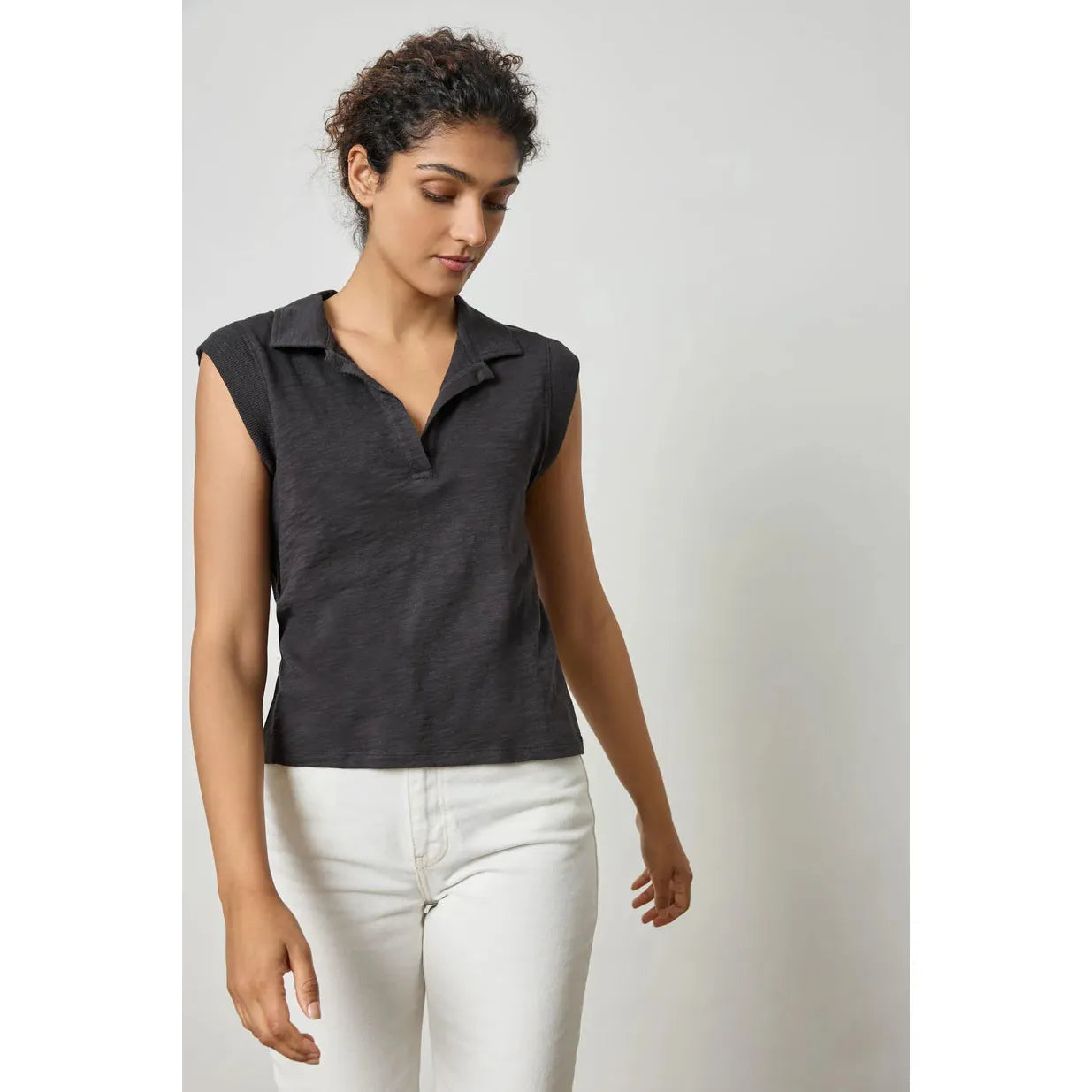Lilla P Cap Sleeve Polo in Black