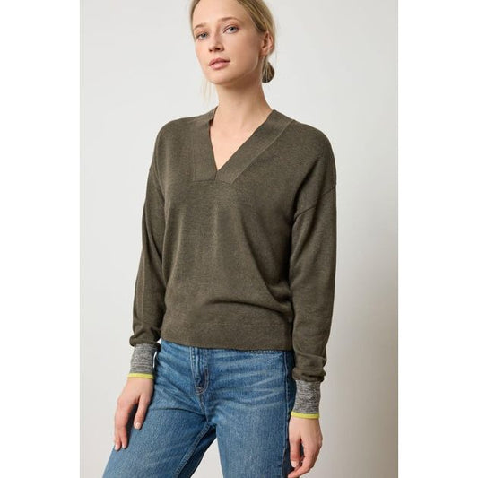 Lilla P V Neck Pullover Sweater in Olive