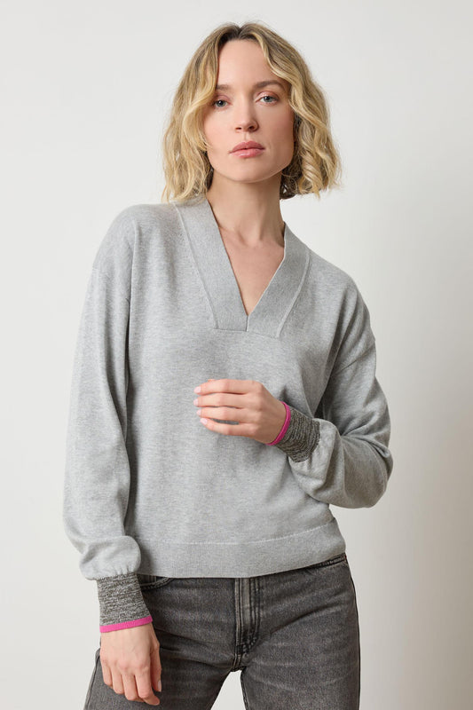 Lilla P V-Neck Pullover Sweater in Heather Grey