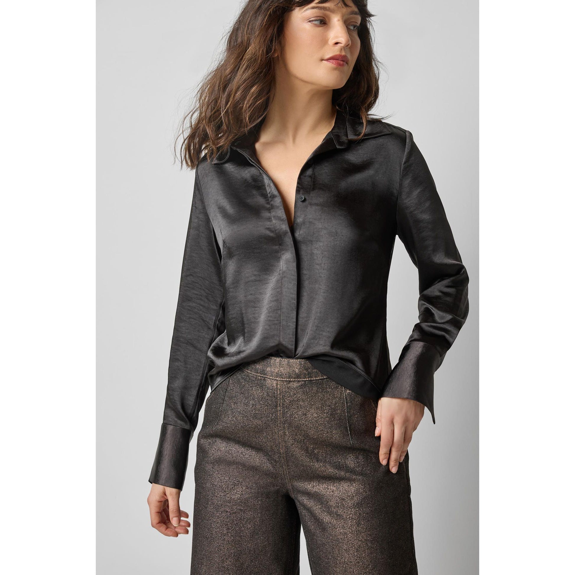 Lilla P Satin Button Down in Black