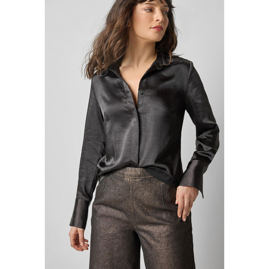 Lilla P Satin Button Down in Black