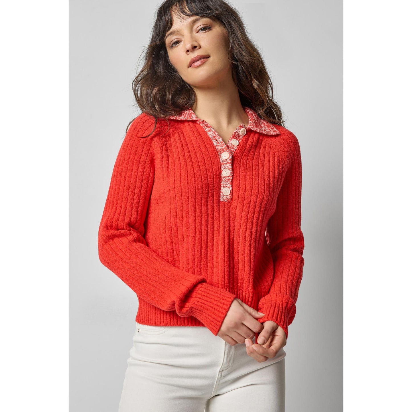 Lilla P Marled Henley Sweater in Fiesta