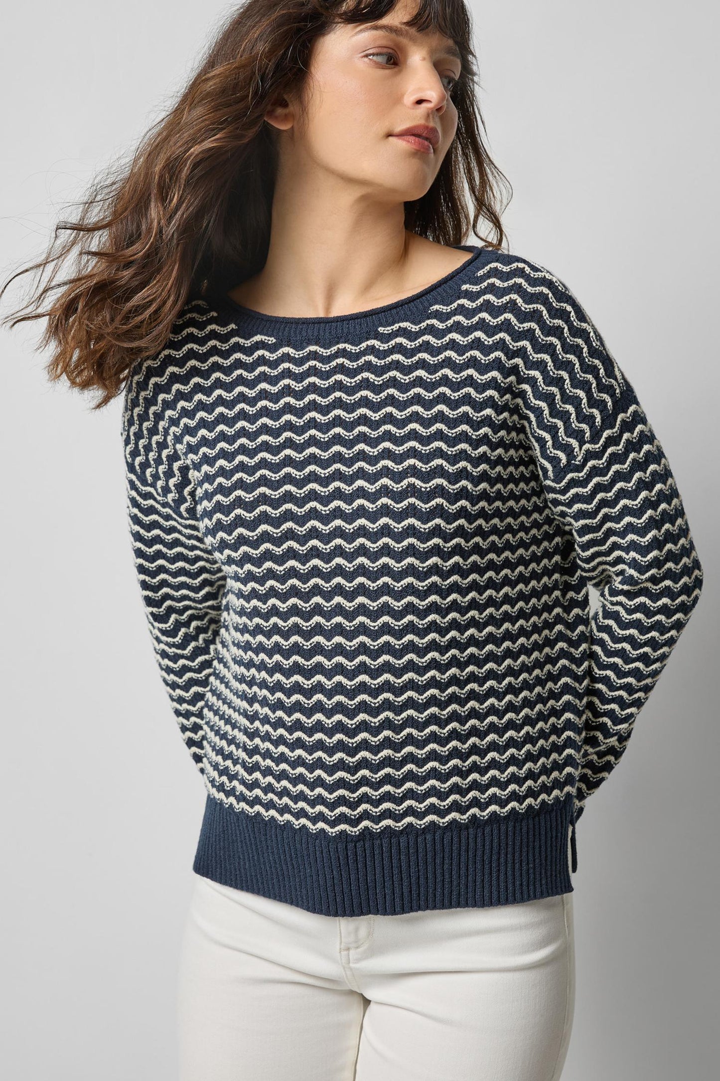 Lilla P Long Sleeve Zig-Zag Sweater in Navy
