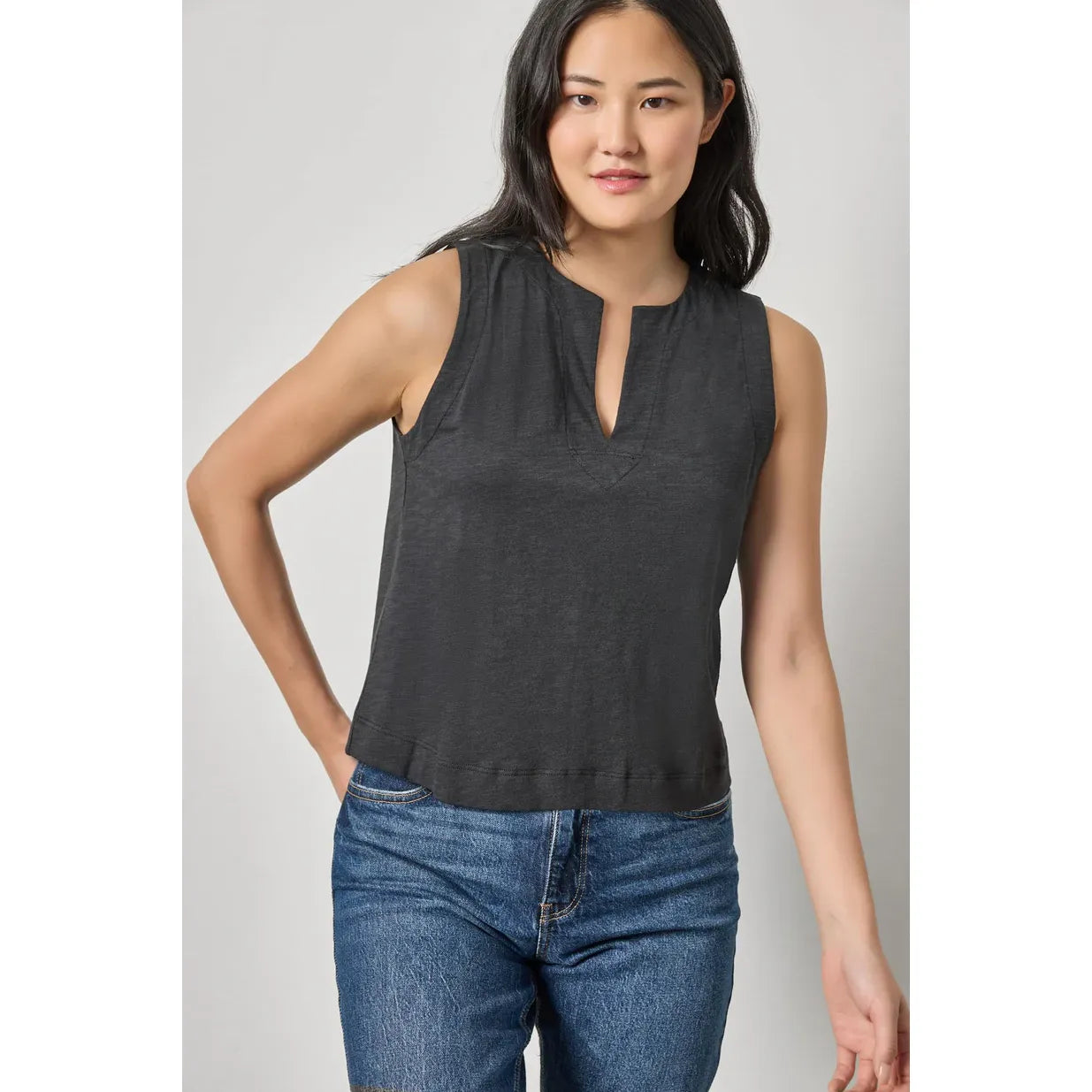 Lilla P Pleat Split Back Neck Tank in Black