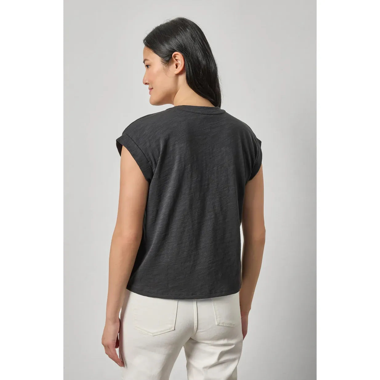 Lilla P Cuffed Sleeve V-Neck in Black