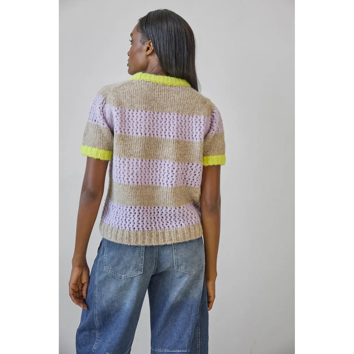 Lilla P Short Sleeve Stripe Sweater in Lily/Husk Stripe