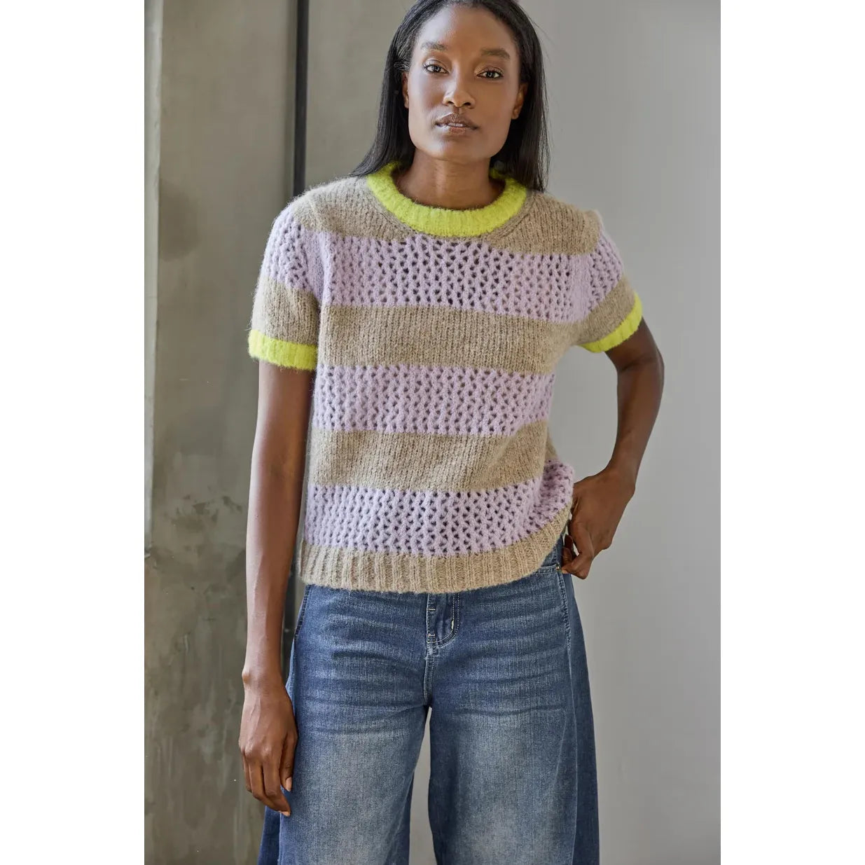 Lilla P Short Sleeve Stripe Sweater in Lily/Husk Stripe