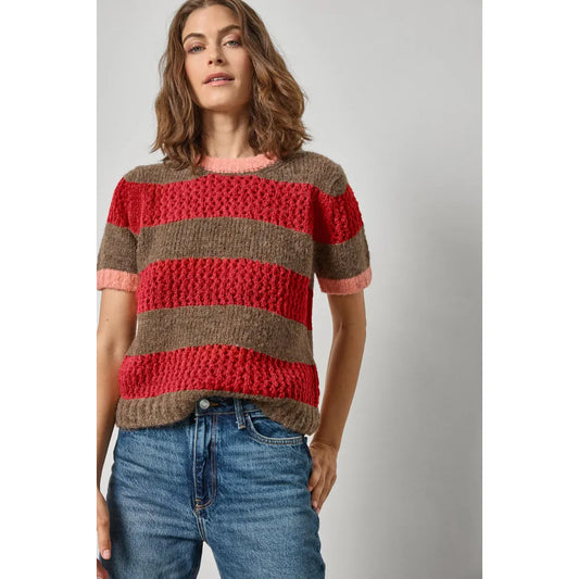 Lilla P Short Sleeve Stripe Sweater in Ruby/Java Stripe
