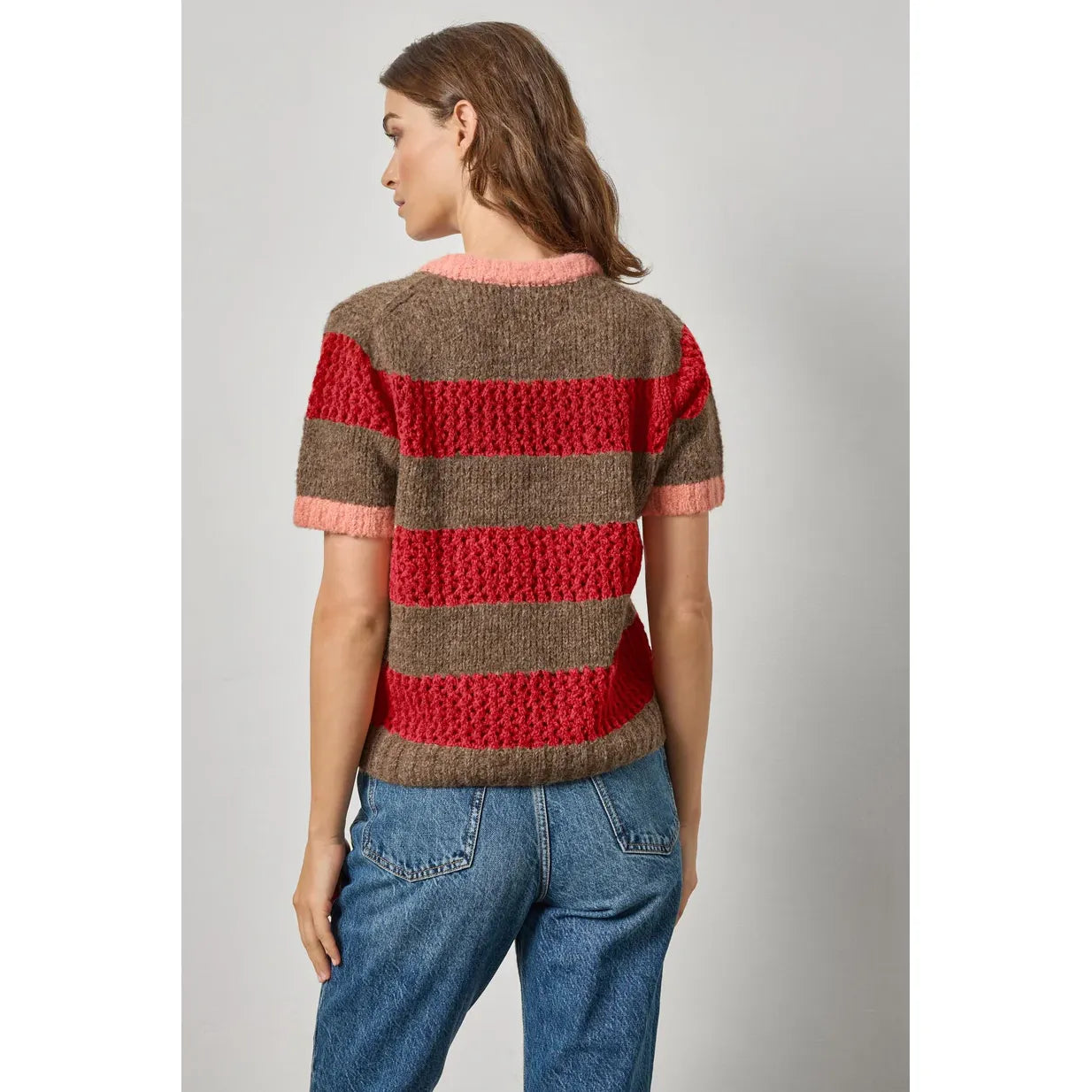 Lilla P Short Sleeve Stripe Sweater in Ruby/Java Stripe