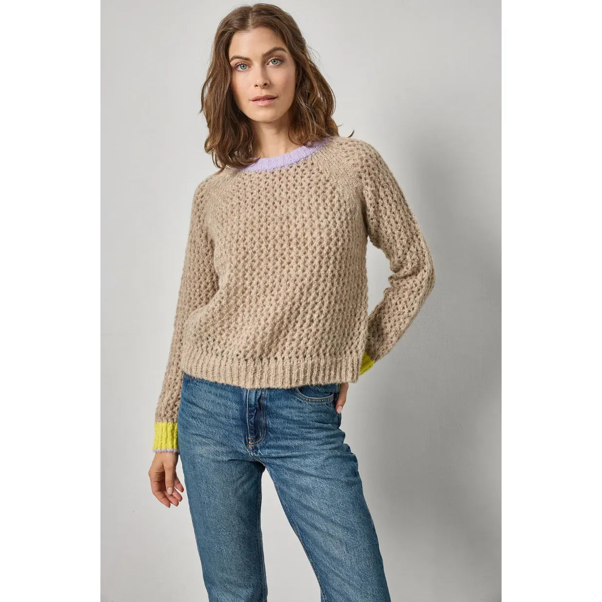 Lilla P Contrast Trim Crewneck Sweater in Husk Combo