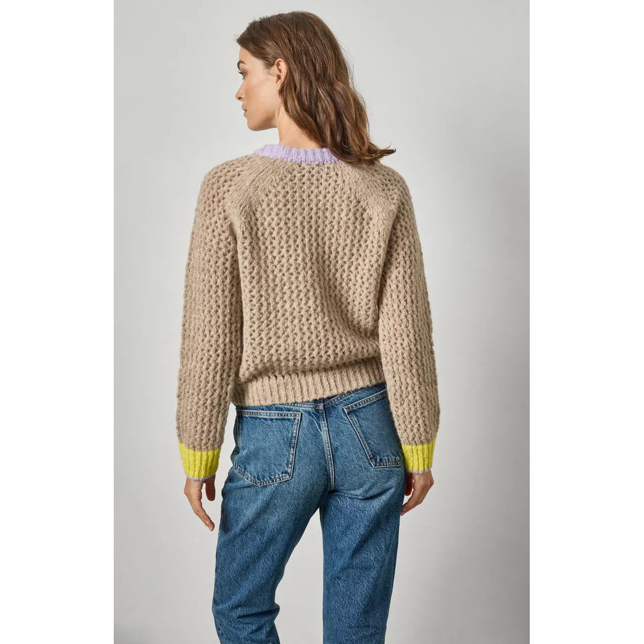 Lilla P Contrast Trim Crewneck Sweater in Husk Combo