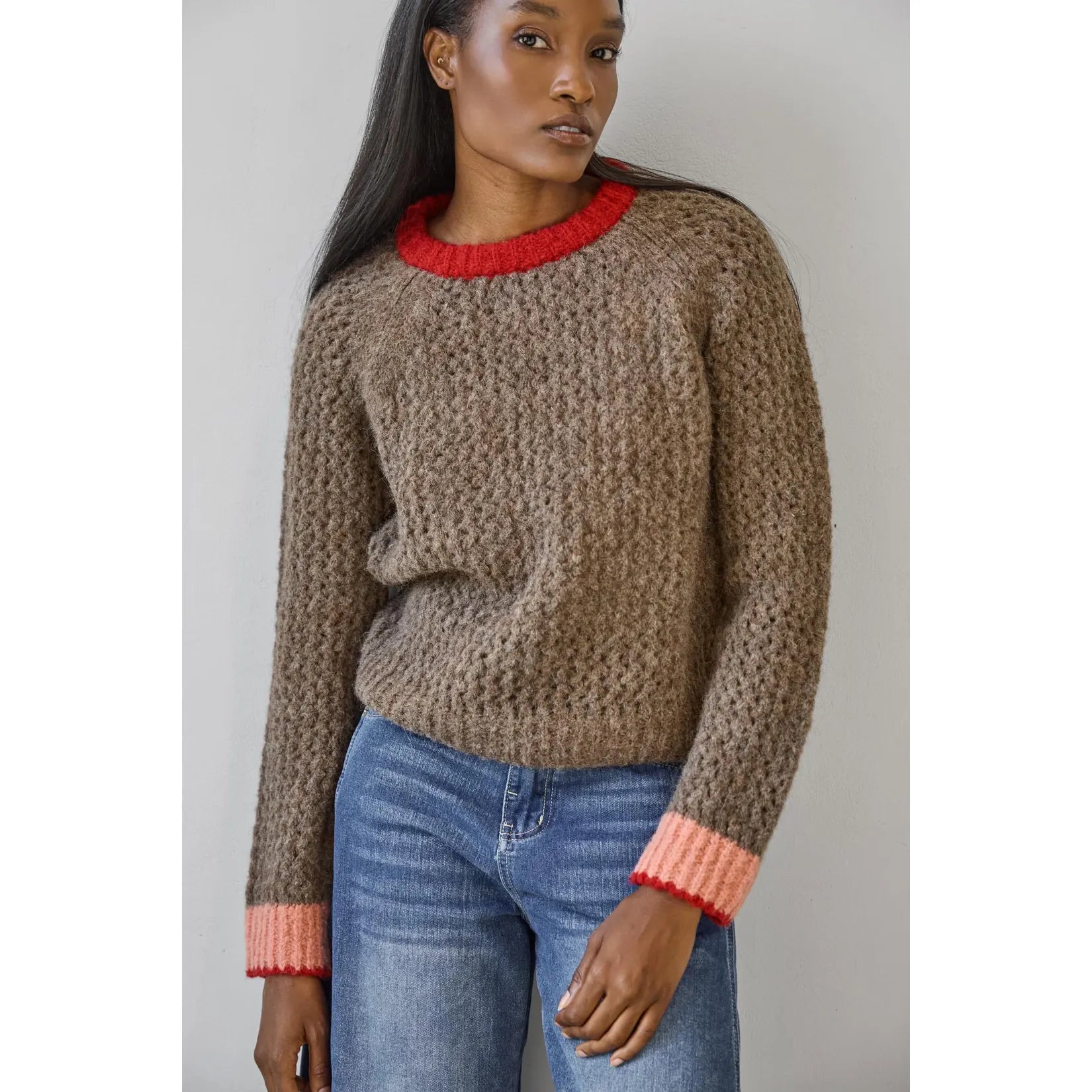 Lilla P Contrast Trim Crewneck Sweater in Java Combo