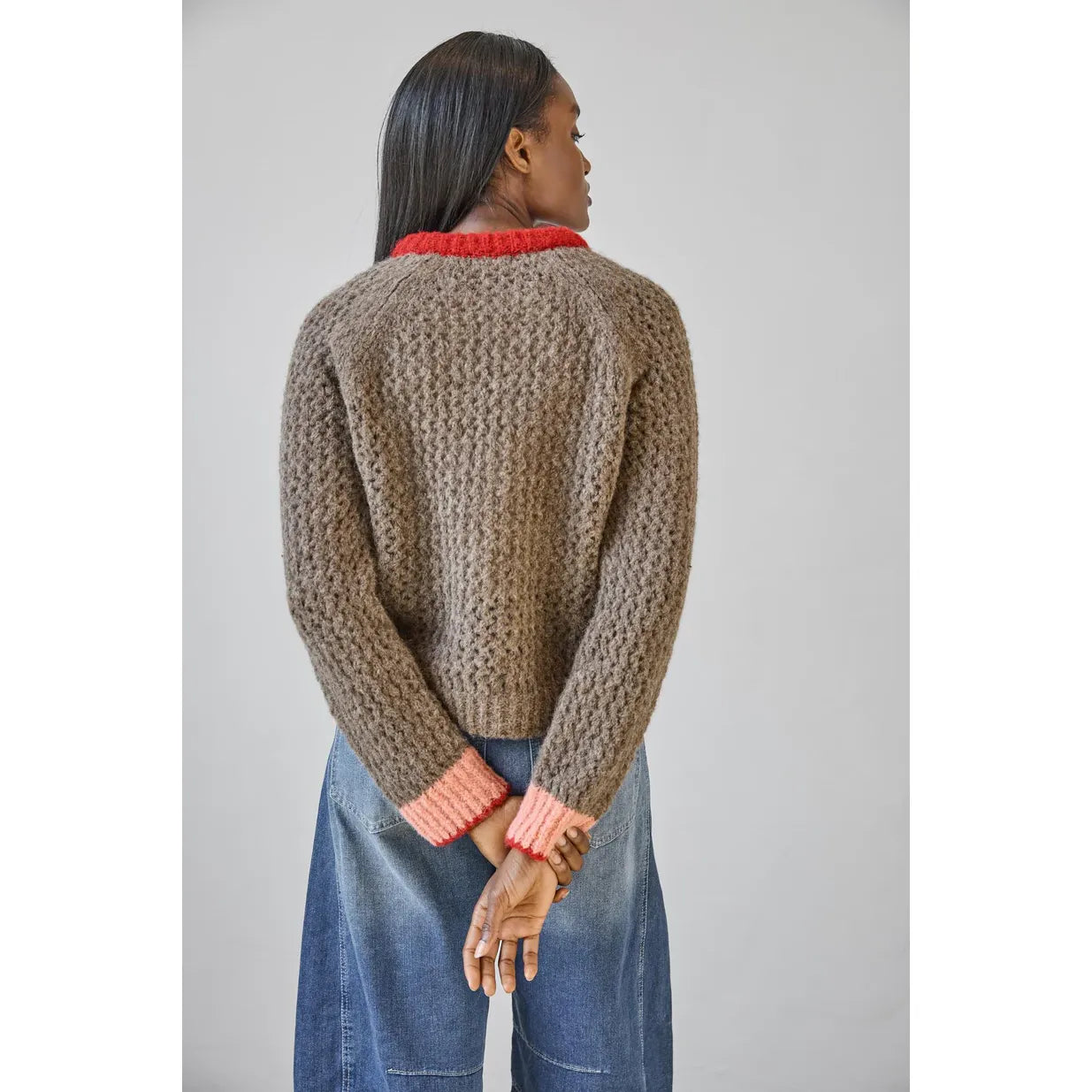 Lilla P Contrast Trim Crewneck Sweater in Java Combo