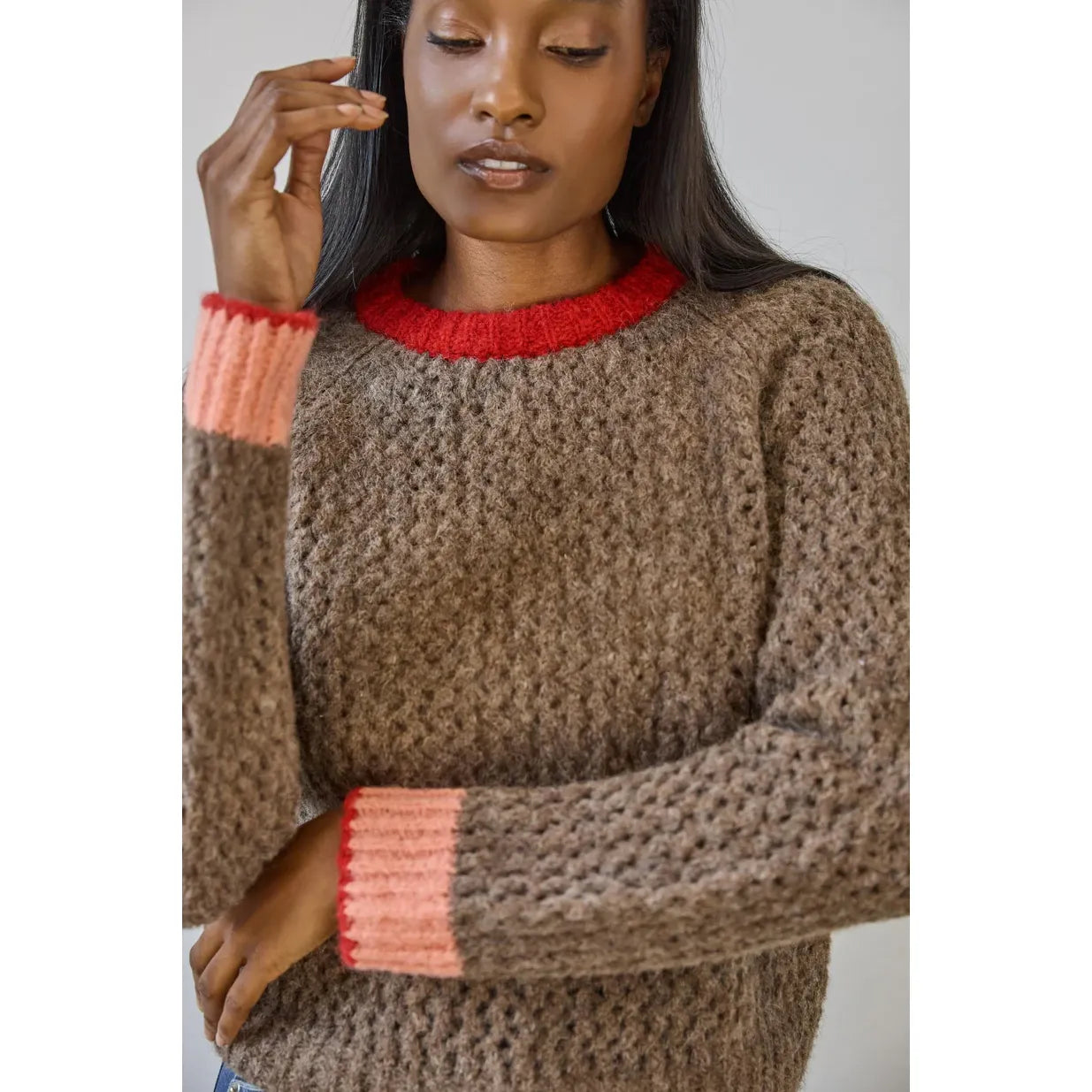 Lilla P Contrast Trim Crewneck Sweater in Java Combo