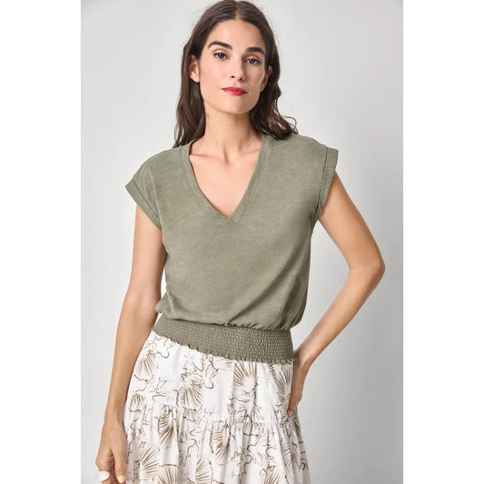 Lilla P Smocked Hem V-Neck in Fern