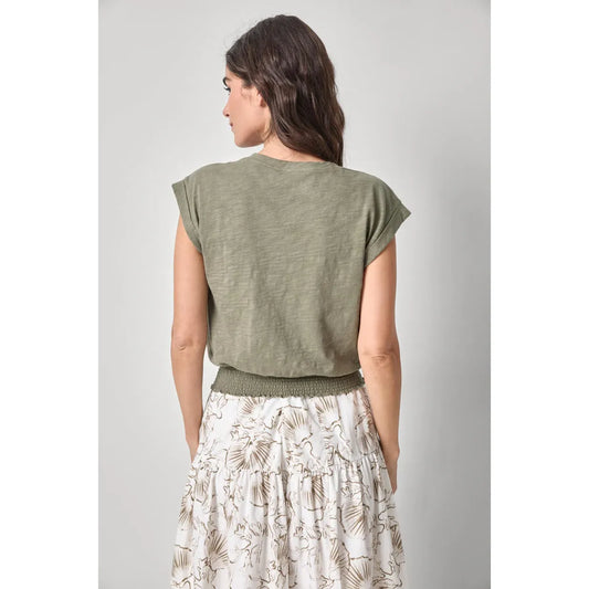 Lilla P Smocked Hem V-Neck in Fern