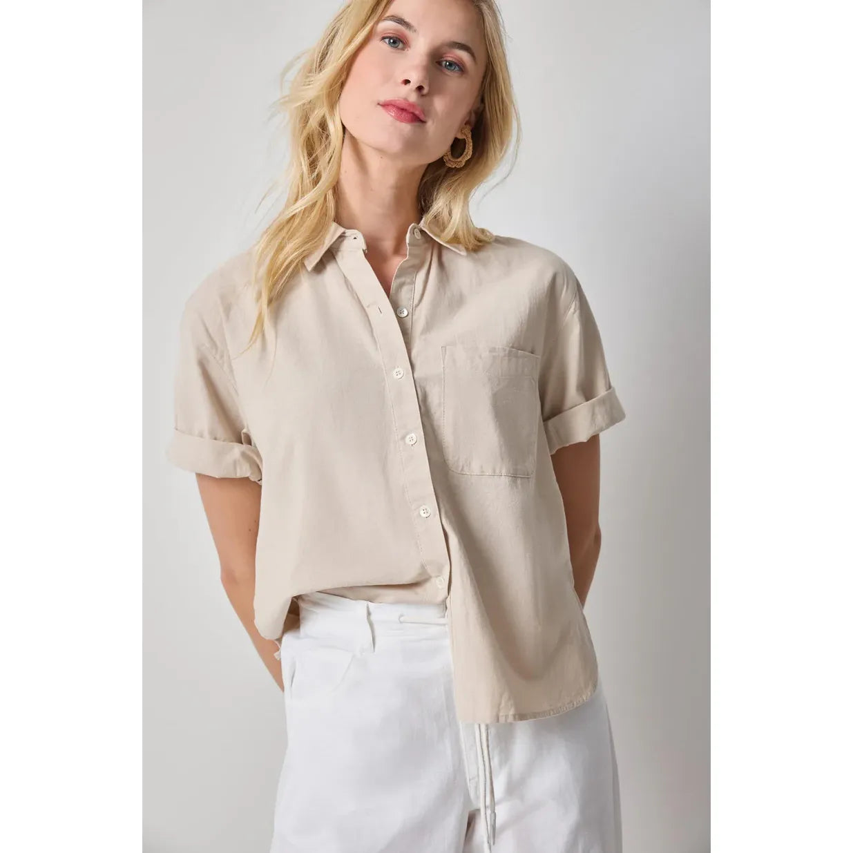 Lilla P Linen Blend Boyfriend Button Down in Bamboo