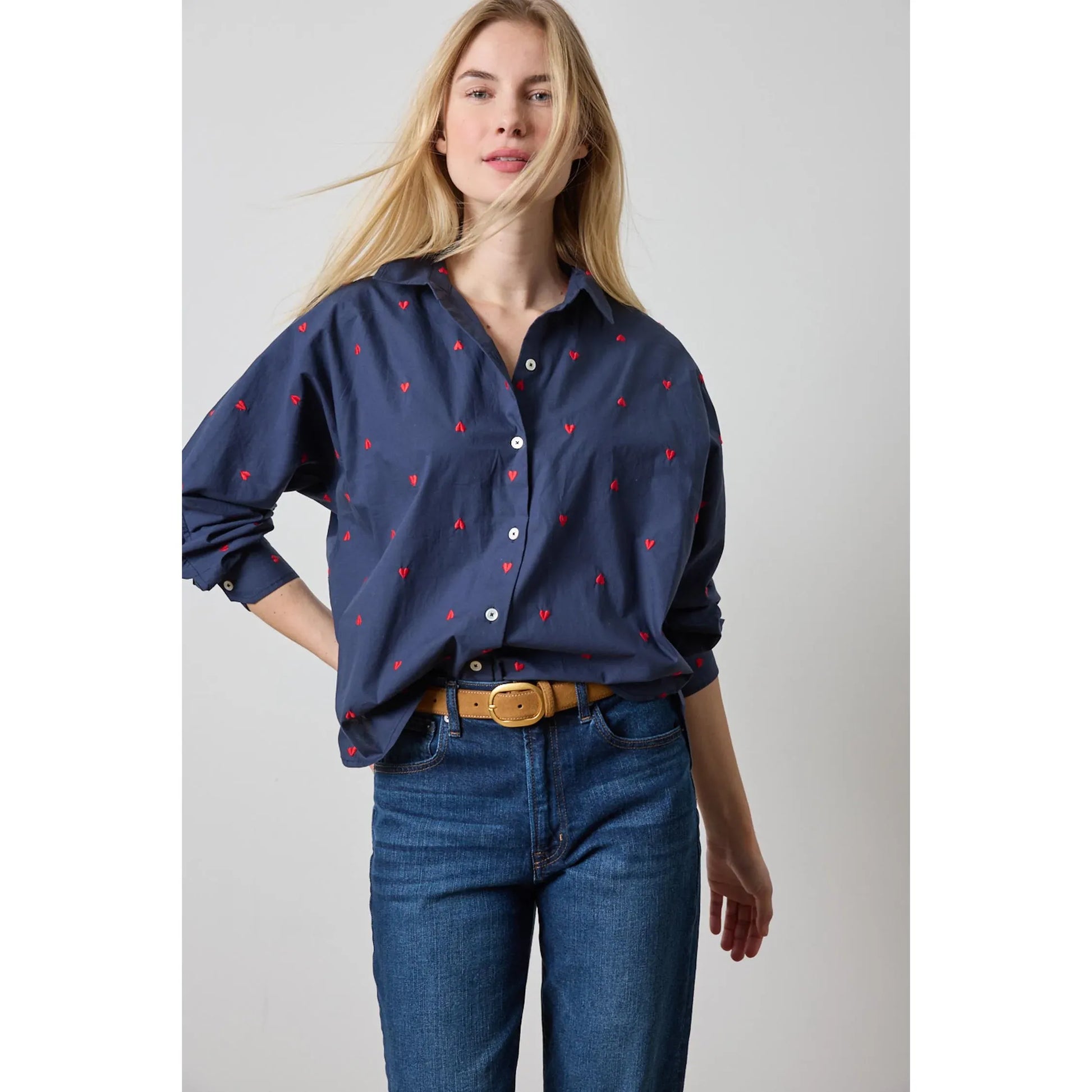 Lilla P Embroidered Hearts Button Down in Navy