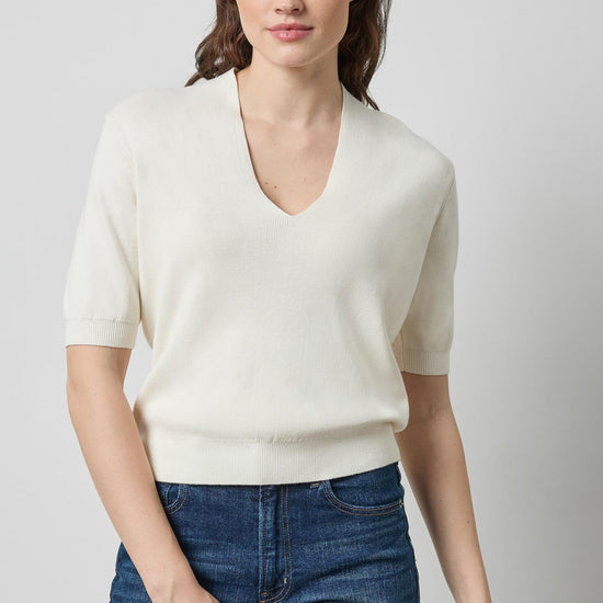 Lilla P V Neck Elbow Sleeve Sweater in Ivory PA3496