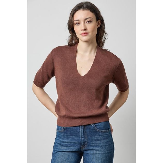 Lilla P V Neck Elbow Sleeve Sweater in Java PA3496