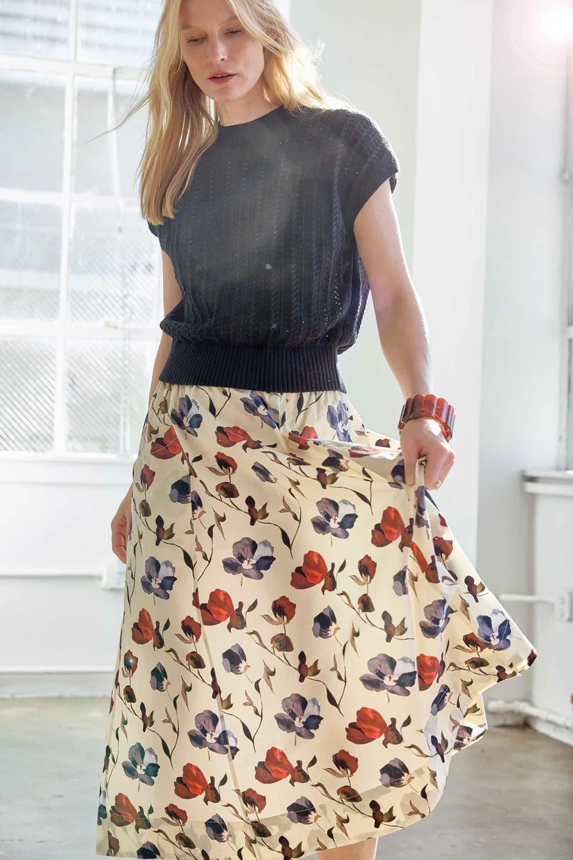 Lilla P Elastic Waist Paneled Skirt in Blue Poppy Print PA3506
