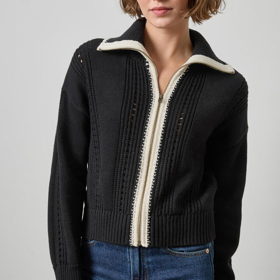 Lilla P Contrast Collar Zip Cardigan in Black PA3502