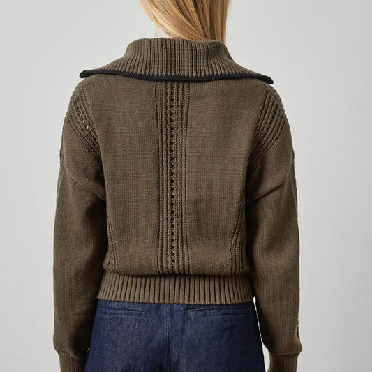 Lilla P Contrast Collar Zip Cardigan in Olive PA3502