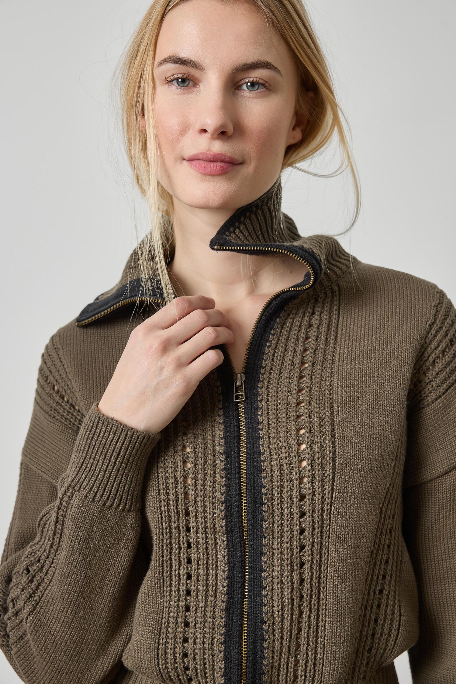 Lilla P Contrast Collar Zip Cardigan in Olive PA3502
