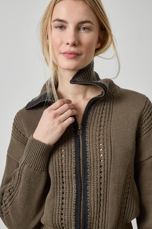 Lilla P Contrast Collar Zip Cardigan in Olive PA3502