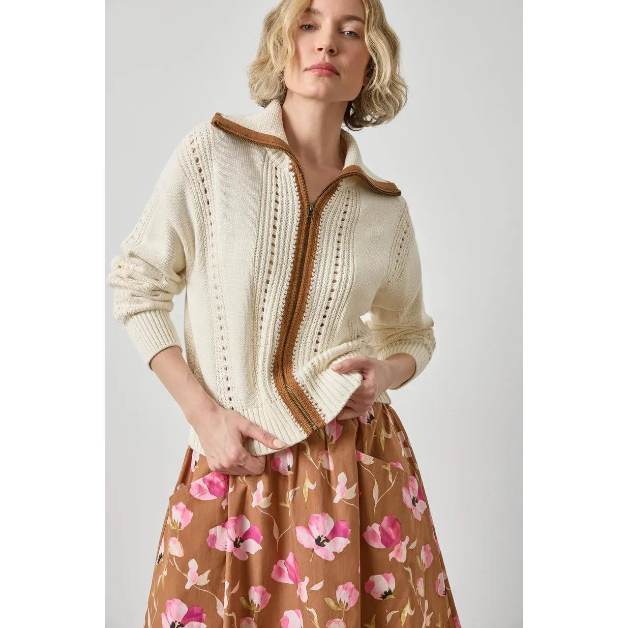 Lilla P Contrast Collar Zip Cardigan PA3502
