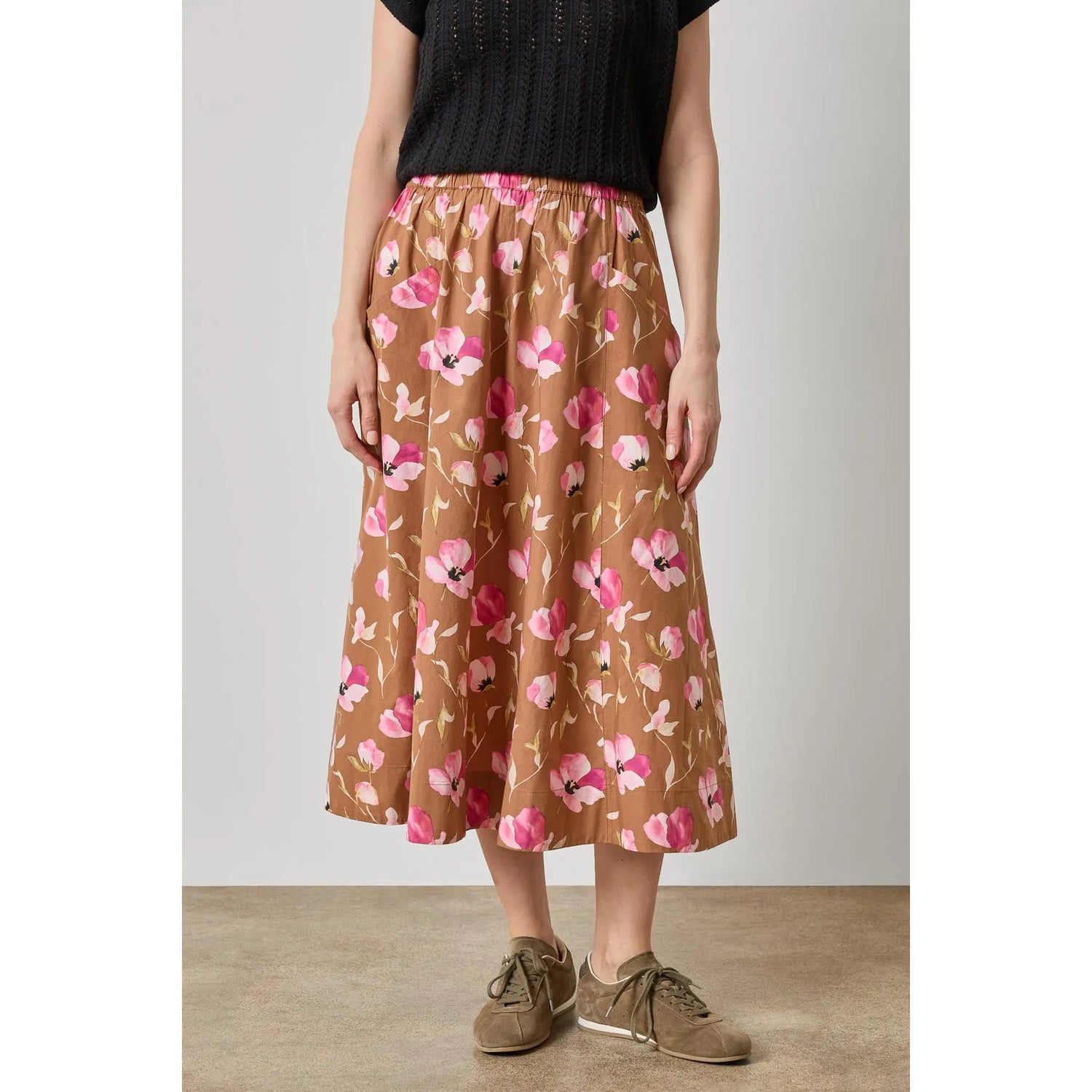 Lilla P Elastic Waist Paneled Skirt in Pink Poppy Print PA3506