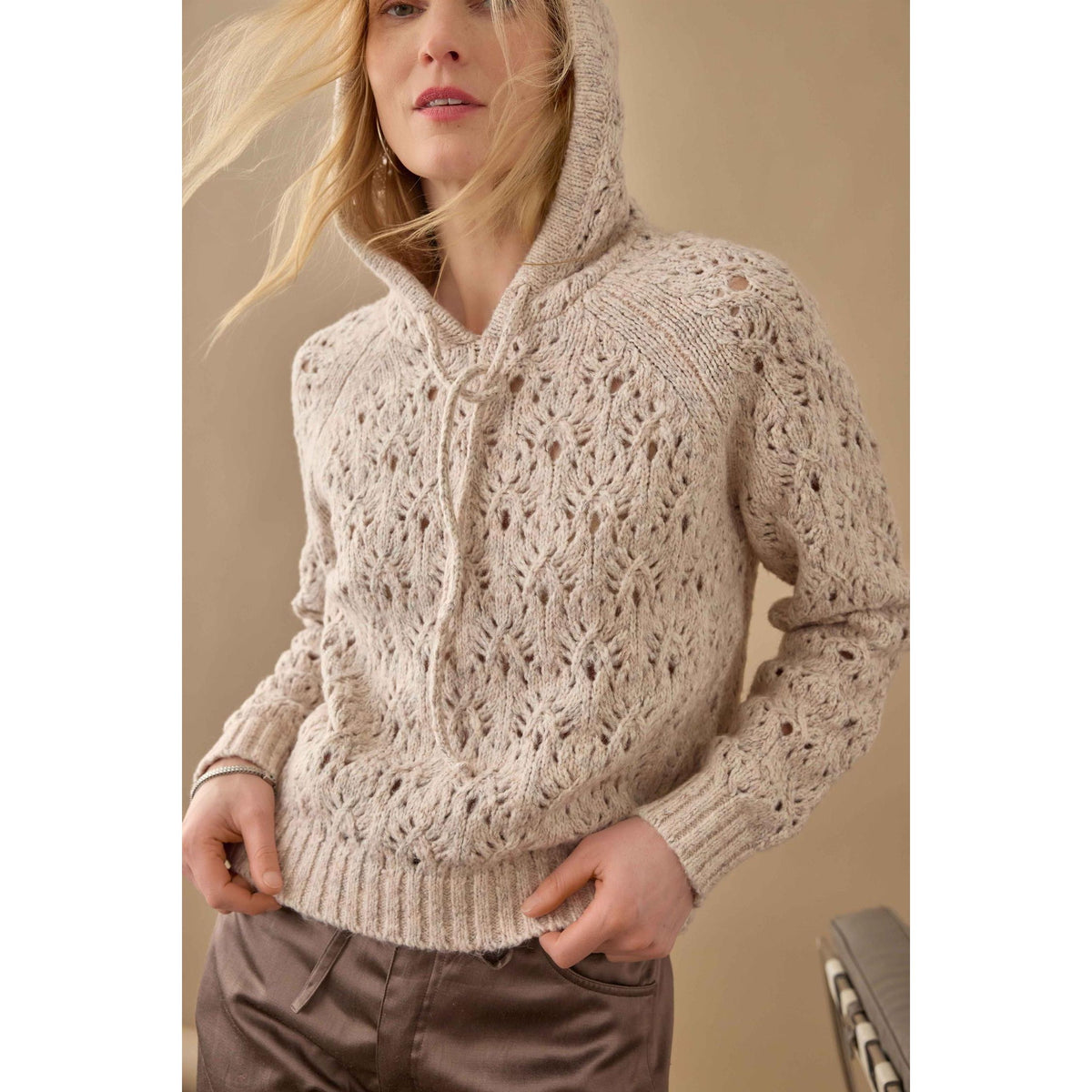 Lilla P Long Sleeve Hoodie Sweater in Gardenia