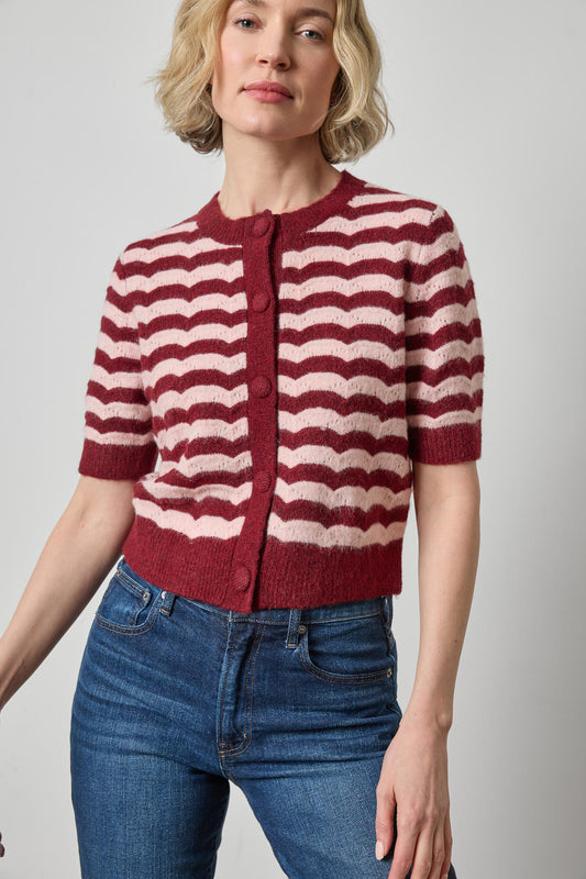 Lilla P Short Sleeve Crewneck Cardigan in Port Stripe