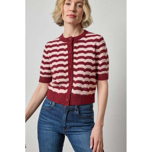 Lilla P Short Sleeve Crewneck Cardigan in Port Stripe