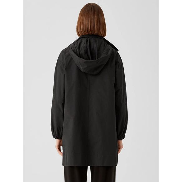 Eileen Fisher Light Cotton Nylon Stand Collar Long Coat in Black