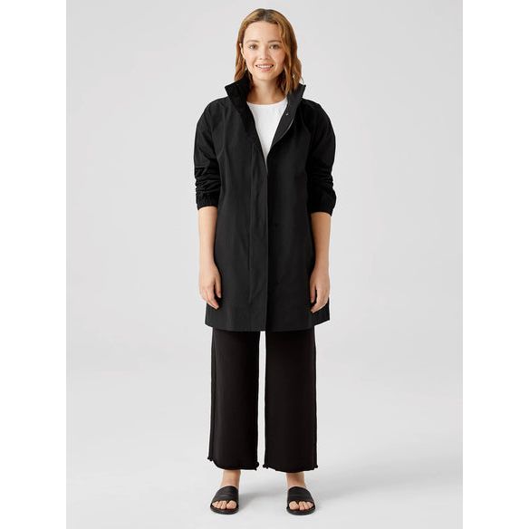 Eileen Fisher Light Cotton Nylon Stand Collar Long Coat in Black