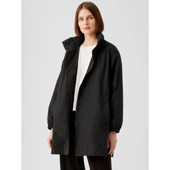 Eileen Fisher Light Cotton Nylon Stand Collar Long Coat in Black