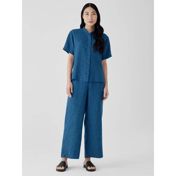 Eileen Fisher Washed Organic Linen Delave Wide Trouser Pant in Atlantis